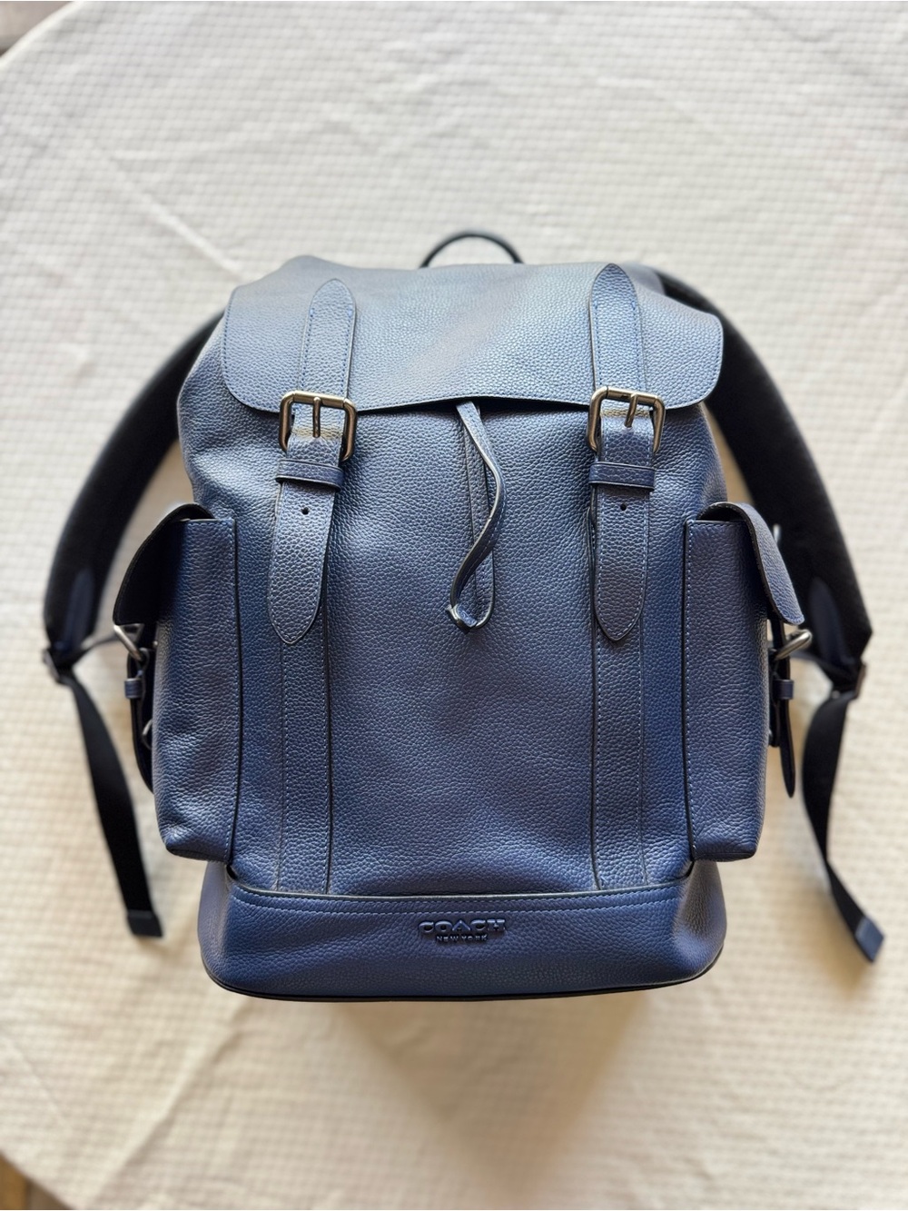 Coach Men's Blue Pebbled Leather Buckle Backpack